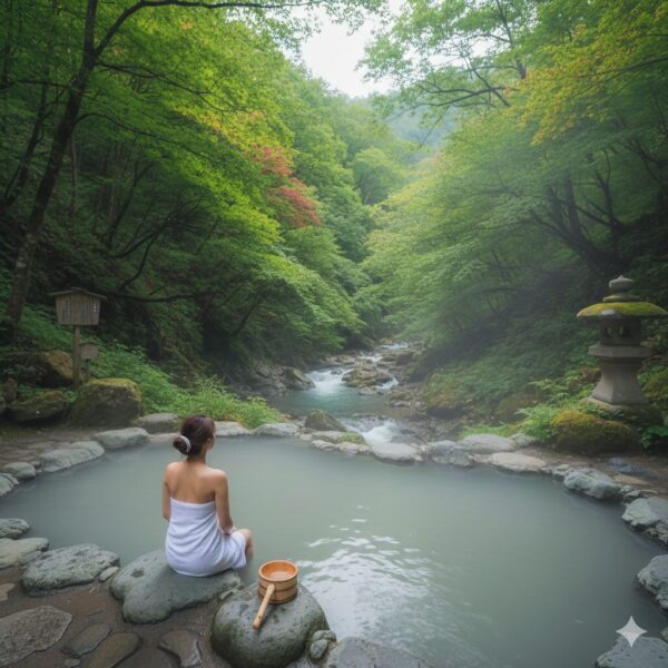 乳頭温泉の新緑の露天風呂風景