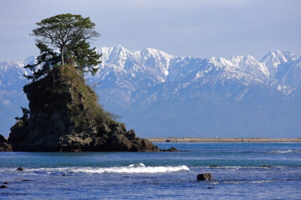 立山連峰と雨晴海岸の女岩