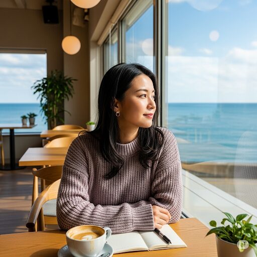 海が見えるカフェでくつろぐ女性