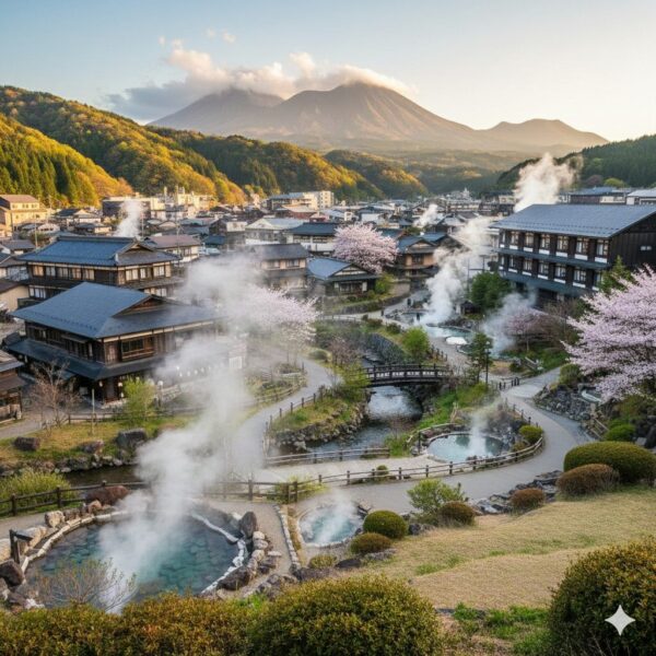阿蘇五岳がそびえ、湯けむり上がる内牧温泉の風景イメージ画像