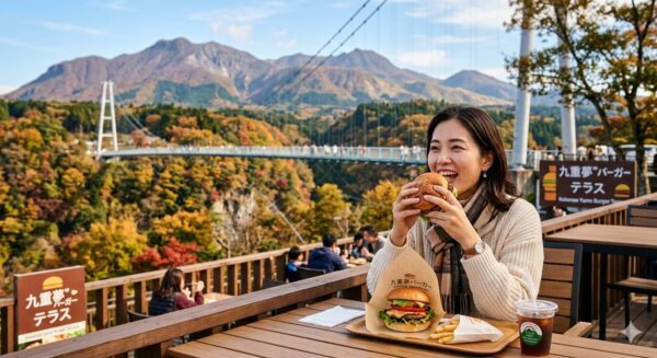 九重夢大吊り橋近くで九重夢バーガーを食べている女性