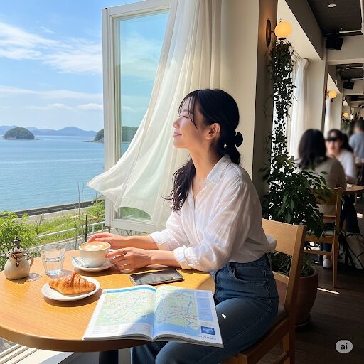 海が見えるカフェでくつろぐ女性